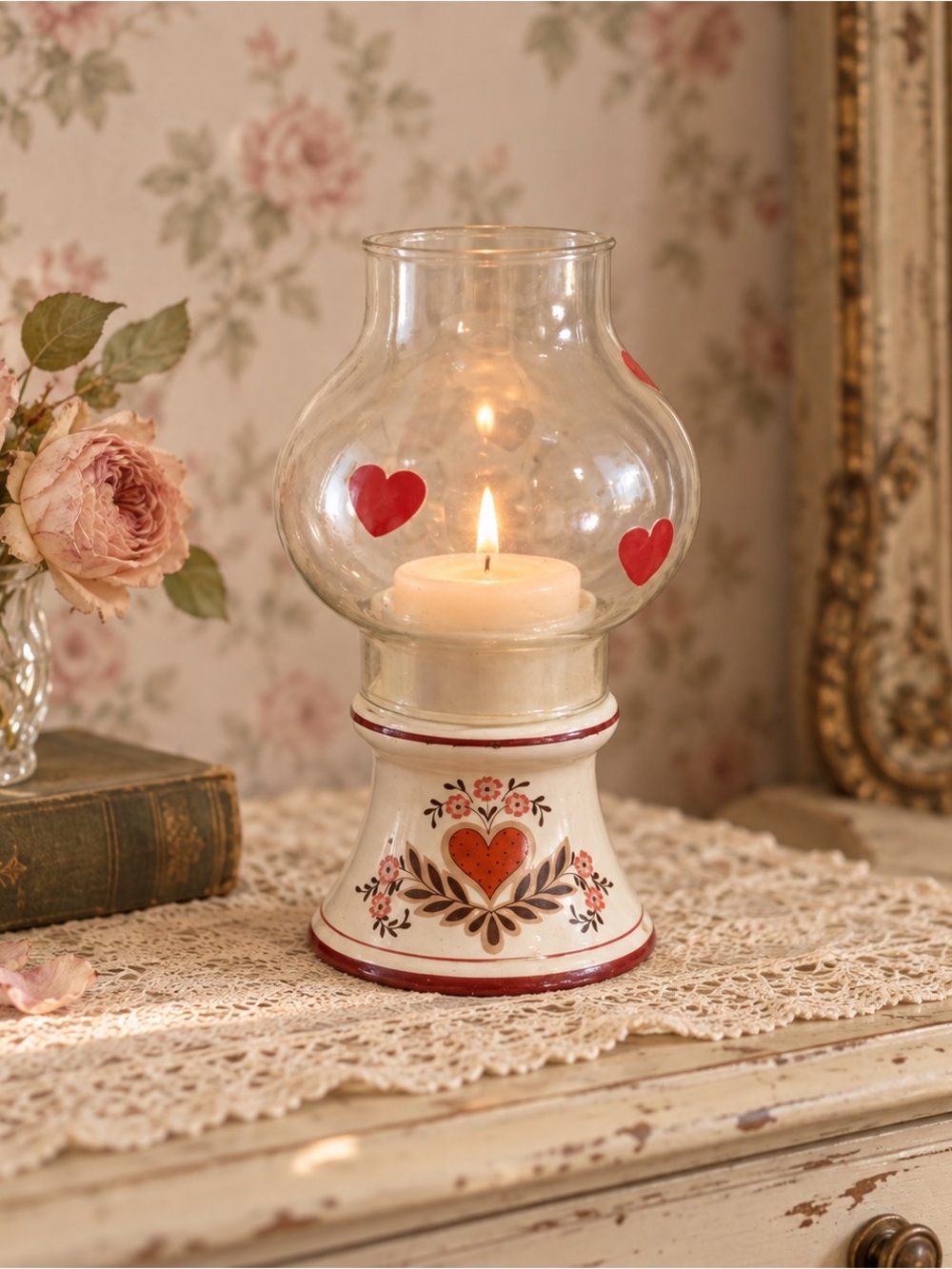 Vintage Taiwan Ceramic Hurricane Candle Holder Folk Art Heart Glass Shade Boxed